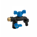 Rutulinis plastikinis ventilis &frac12;, 2 x &frac34;&ldquo; su pajungimu žarnai 5/8&ldquo; (16mm)