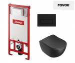 WC puodo Ravak Uni Chrome RimOFF Black su Soft Close dangčiu ir potinkinio rėmo Ravak Uni su juodu nuleidimo klavi&scaron;u komplektas