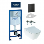 Grohe potinkinio wc rėmo su juodu mygtuku ir Geberit pakabinamas klozetas Smyle Square rimfree su lėtaeigiu dangčiu