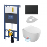 Potinkinis pakabinamo wc komplektas rėmas ISVEA DUREZZA juodos matinės spalvos klavi&scaron;u ir klozetas Iseva Sentimenti Rimless su lėtaeigiu dangčiu