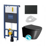 ISVEA DUREZZA potinkinis rėmas su juodos matinės spalvos SOTTI mygtuku ir juodas pakabinamas klozetas GSI Modo su SWIRLFLUSH&reg; nuplovimo sistema