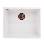 Po stalvir&scaron;iu montuojama granitinė plautuvė WOBBEE TALBOT 50 balta su vario spalvos ventiliu ir sifonu