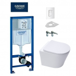 Grohe Rapid SL klozeto rėmo komplektas su baltu klavi&scaron;u ir pakabinamas wc SAT Infinitio Compact Rimless su lėtaeigiu dangčiu