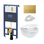Potinkinis pakabinamo wc komplektas rėmas ISVEA DUREZZA  aukso spalvos klavi&scaron;u ir klozetas Peonia su RIMLESS technologija, su SLIM lėtaeigiu dangčiu