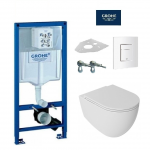 Grohe Rapid SL klozeto rėmo komplektas su baltu klavi&scaron;u ir pakabinamas klozetas INFINITY Rimless su lėtaeigiu dangčiu