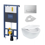 Potinkinis pakabinamo wc komplektas rėmas ISVEA DUREZZA  chromo spalvos klavi&scaron;u ir klozetas Peonia su RIMLESS technologija, su SLIM lėtaeigiu dangčiu