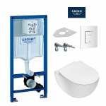 Grohe Rapid SL klozeto rėmo komplektas su baltu klavi&scaron;u ir pakabinamas klozetas Deante Peonia Rimless