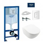 Grohe Rapid SL klozeto rėmo komplektas su baltu klavi&scaron;u ir Villeroy & Boch Subway 3.0 TwistFlush pakabinamas wc su lėtaeigiu dangčiu