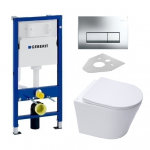 Geberit Duofix Basic rėmas pakabinamam wc su Delta 50 blizgaus chromo spalvos klavi&scaron;u ir pakabinamas wc SAT Infinitio Compact Rimless su lėtaeigiu dangčiu
