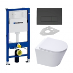 Geberit Duofix Basic rėmas pakabinamam wc su Delta 50 juodos matinės spalvos klavi&scaron;u ir pakabinamas wc SAT Infinitio Compact Rimless su lėtaeigiu dangčiu