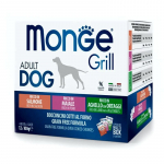 Monge Grill Mix Adult Dog Salmon/Pork/Lamb konservuotas pa&scaron;aras &scaron;unims, ėriena, kiauliena, la&scaron;i&scaron;a; 12x100g