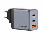 Verbatim 32201 GaN Įkroviklis 65W 3-Port, USB-A/USB-C, EU/UK/US Plug, Pilka/Juoda