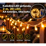 Kalėdinė LED girlianda, 2 m, 20 LED, AA baterijos, &scaron;iltai balta