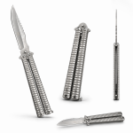 Butterfly treniruočių tipo peilis su a&scaron;tria geležte - Sidabrinis 22cm