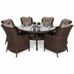 Lauko terasos valgomojo komplektas su apvaliu 150cm stalu ir 6 foteliais, tamsiai ruda