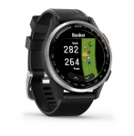 Laikrodis Garmin Approach S44, sidabrinis aliuminio rėmelis ir juodas silikoninis dirželis