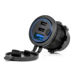 Amio Waterproof Phone Charger with Switch BLUE LED Backlight USB + 2xUSB C QC3.0 12/24V -04596