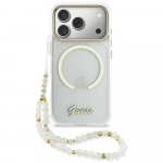 GUESS IML Glitters Script Strap MagSafe Case for iPhone 17 Pro, Clear