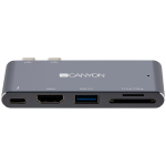 Canyon Multiport Docking Station with 5 port, with Thunderbolt 3 Dual type C male port, 1*Thunderbolt 3 female+1*HDMI+1*USB3.0+1*SD+1*TF. Input 100-240V, Output USB-C PD100W AND USB-A 5V/1A, Aluminium