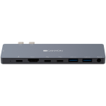 CANYON Multiport Docking Station with 8 ports: 1x Type-C PD 100W, 2x Type-C data, 2x HDMI, 2x USB 3.0, and 1x Audio. Input: 100-240V. Output: USB-C PD 100W AND USB-A 5V/1A. Aluminum alloy, Space Gra