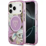 GUESS Case IML Glitter Flowers Triangle MagSafe for iPhone 18 Pro Max / 17 Pro Max purple