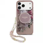 GUESS Case IML Flowers Pearl Strap MagSafe for iPhone 18 Pro / 17 Pro pink