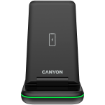 CANYON WS-304, Foldable 3-in-1 Wireless Charger, with touch button for flowing light effect, Input 9V/2A, 12V/1.5A. Output 15W/10W/7.5W/5W. Includes a Type-C to USB-A cable, 1.2m long, and a QC18W EU