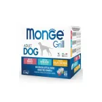Monge Dog Grill Pouches Multipack Chicken and Turkey, Beef, Codfish 12 100 g wet food multipack with chicken and turkey, beef, and cod for adult dogs.