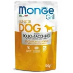 Monge Dog Grill Pouch Junior Chunkies Rich in Chicken and Turkey 100 g complete wet food for puppies with chicken and turkey, oven-baked chunks