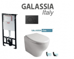 Komplektas Alcaplast rėmas + mygtukas juodas matinis ir Galassia Eden Rim Away klozetas su lėtaegiu dangčiu