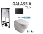 Komplektas Alcaplast rėmas + mygtukas juodas matinis ir Galassia Eden Rim Away klozetas su lėtaegiu dangčiu