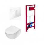 Schell potinkinis rėmas su baltu  vandens nuleidimo mygtuku ir Deante Peonia rimless pakabinamu klozetu su lėtaeigiu dangčiu