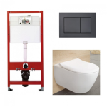 WC komplektas: Tece rėmas, juodas mygtukas Now ir Villeroy & Boch Subway 2.0 DirectFlush su plonu dangčiu