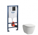 Potinkinis rėmas Grohe su juodu mygtuku LAUFEN LUA RIMLESS pakabinamas wc su lėtaeigiu dangčiu
