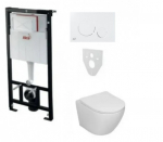 Komplektas 4 in1 Alcadrain rėmas + mygtukas baltas , Sinto klozetas su sukūrinė vandens nuleidimo sistema ir lėtaegiu dangčiu