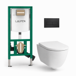 Komplektas Laufen Pro X Rimless su Laufen INEOLINK potinkiniu rėmu su bakeliu ir Laufen Ineo Horizon juodu matiniu mygtuku