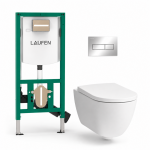 Komplektas Laufen Pro X Rimless su Laufen INEOLINK potinkiniu rėmu su bakeliu ir Laufen Ineo Horizon blizgiu chromo mygtuku