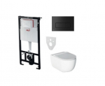 Komplektas 4 in1 Alcaplast rėmas + mygtukas juodas matinis,  Alice Ceramica Unica Rimless klozetas su lėtaegiu dangčiu