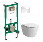 WC puodo komplektas  su lėtaeigiu  dangčiu Fiora Rimless, Ineo potinkinis rėmas, Moon mygtukas, baltas