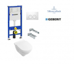 Komplektas 4 in1 Geberit DuoFix Basic potinkinis WC rėmas su baltu klavi&scaron;u Delta 20 ir Villeroy&Bosch O.Novo Rimless klozetas su lėtaegiu dangčiu