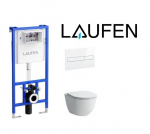 Potinkinis rėmas Laufen  su baltu nuleidimo mygtuku ir pakabinamu klozetu Laufen Pro New rimless su plonu lėtai užsidarančiu dangčiu