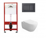 WC rėmo Tece, juodo mygtuko Now ir pakabinamo klozeto Villeroy & Boch Subway 2.0 DirectFlush su plonu lėtaeigiu dangčiu komplektas