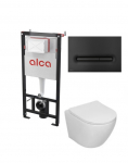 Potinkinis WC rėmas Alcadrain 5in1 su Alca fresh ir  Sinto klozetas su sukūrinė vandens nuleidimo sistema ir lėtaegiu dangčiu ir juodu Linka matiniu mygtuku