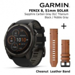 GARMIN Fenix 8 51 mm, Solar, Sapphire Carbon + Chesnut Leather Band sportinis laikrodis