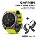 GARMIN Fenix 8 51 mm, Solar, Sapphire Titanium + SHOKZ Open Fit Black sportinis laikrodis 010-02907-21 / T910-ST-BK