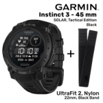 GARMIN Instinct 3 - 45 mm, Solar, Tactical Black + UltraFit 2, Nylon, 22mm, Black Band sportinis laikrodis 010-02934-50 / 010-13306-10