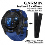 GARMIN Instinct 3 &ndash; 45 mm, Supernova, AMOLED, Bolt blue + UltraFit 2, Nylon, 22mm, Black Band sportinis laikrodis 010-02936-03 / 010-13306-10