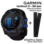 GARMIN Instinct 3 &ndash; 50 mm, Supernova Edition, AMOLED, Black + UltraFit 2, Nylon, 26mm, Black Band sportinis laikrodis 010-03020-03 / 010-13306-20