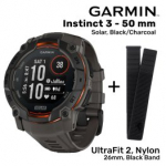 GARMIN Instinct 3 - 50 mm, Solar, Black/Charcoal + Garmin UltraFit 2, Nylon, 26mm, Black B sportinis laikrodis 010-02935-00 / 010-13306-20