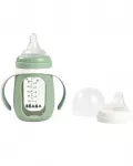 Beaba mokomasis stiklinis buteliukas-gertuvė 2in1, 210 ml, sage green, silikoniniame dėkle